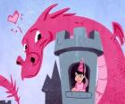 Prenses kale büyük bir ejderha tarafından izlenen içinde